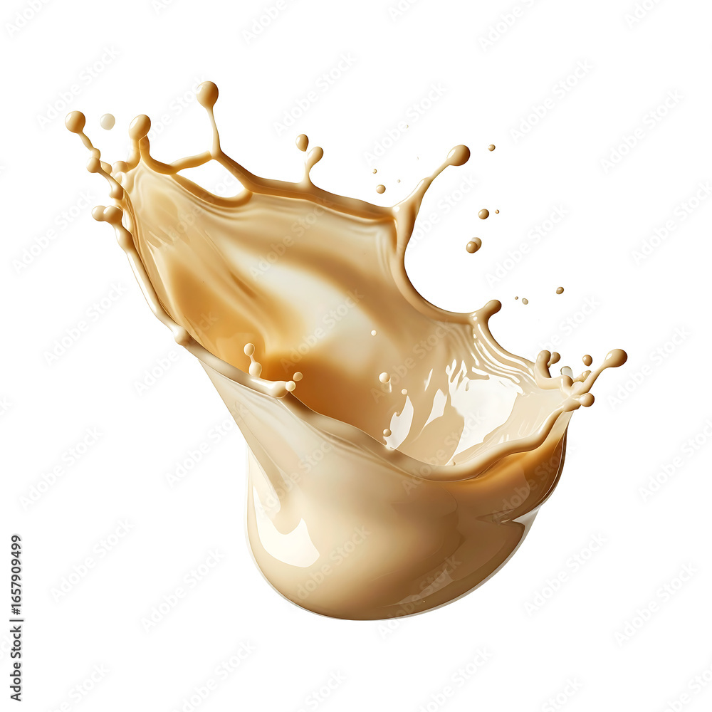 Poster creamy coffee splashing with dynamic motion on transparent background