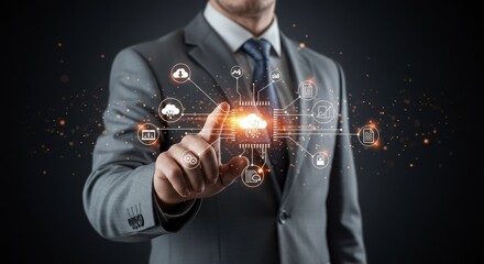 Executive using cloud computing interface for business management and connectivity