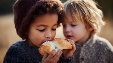 Children sharing a snack of bread outdoors