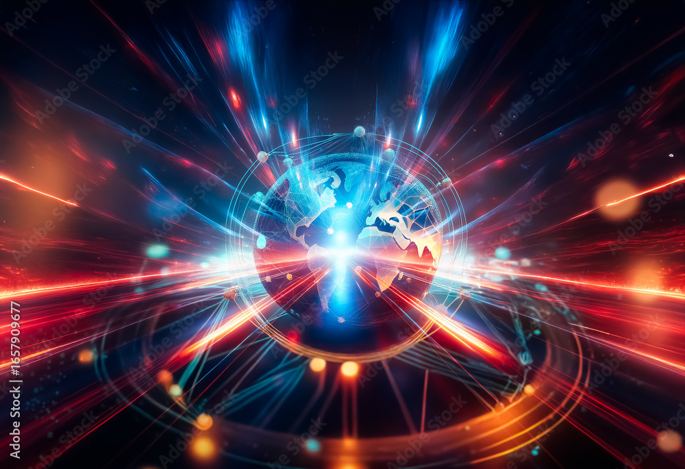 Poster a stylized globe with a glowing network of lines and points, suggesting global connection and techno