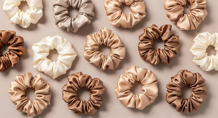 Collection of silk scrunchies in neutral colors, a trendy and stylish hair accessory for women isolated on white