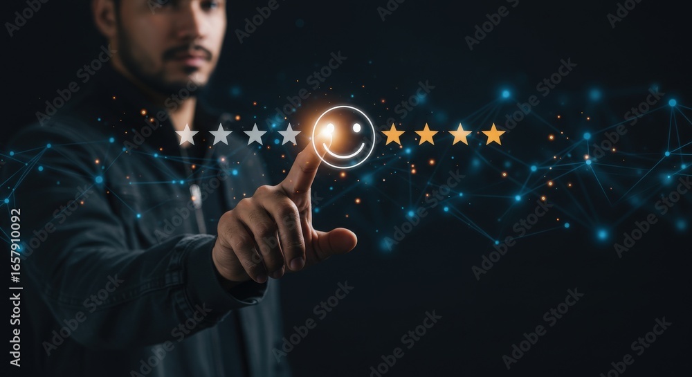 Aufkleber man is giving a feedback and rating with a smiley face on a digital screen