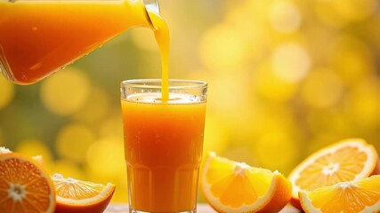 Pouring vibrant fresh orange juice into a glass, surrounded by bright citrus slices, capturing a healthy, refreshing moment. - Powered by Adobe