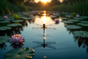 Serene Dragonfly Resting on Water Lily Pond at Sunset