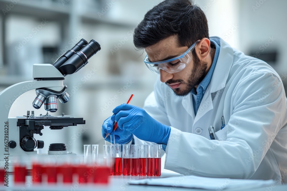 Poster scientist analyzing samples in a laboratory using a microscope and test tubes
