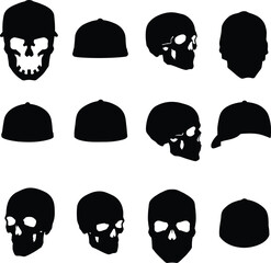 A collection of different black silhouettes including human skulls and baseball caps. Vector illustration set of various skull and headwear designs isolated on a white background.