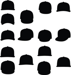 A collection of different black baseball cap silhouettes. Vector illustration set of various hat designs and styles, isolated on a clean white background.