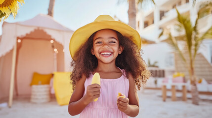 Beaming young girl in yellow sun hat enjoying sunny day outdoors, holding snack with resort tent and palm trees in vibrant background