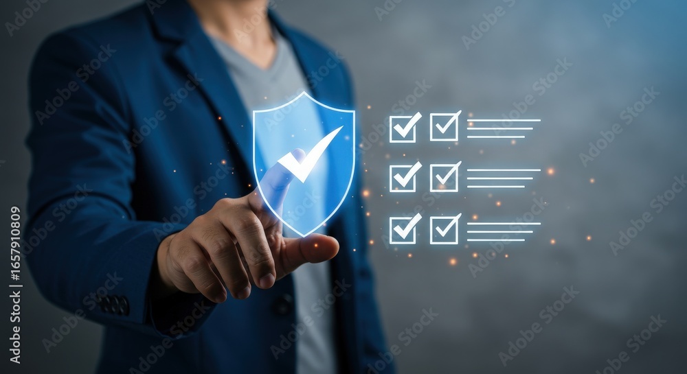 Poster man touching digital shield with checkmarks for cybersecurity and data protection