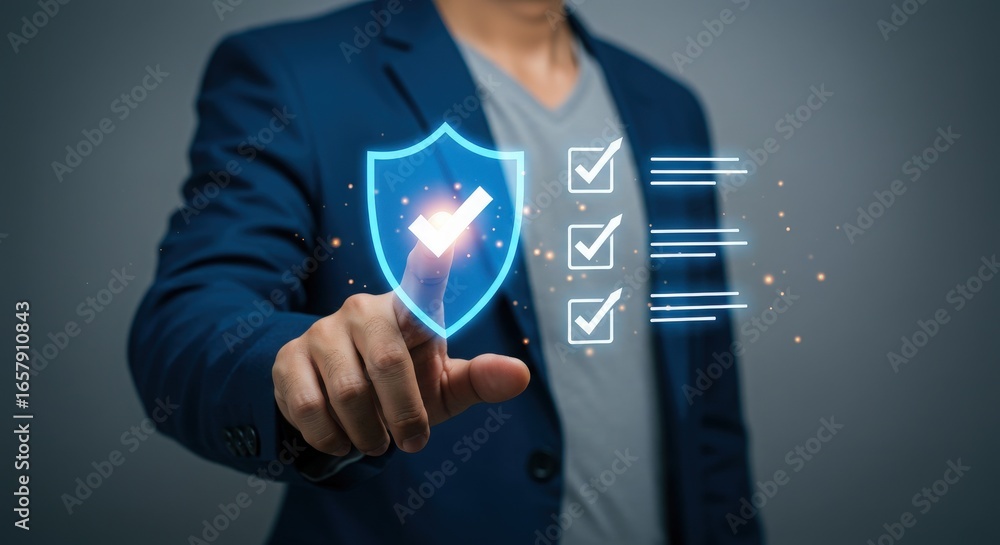 Poster businessman is pointing at a digital shield with a check mark for security