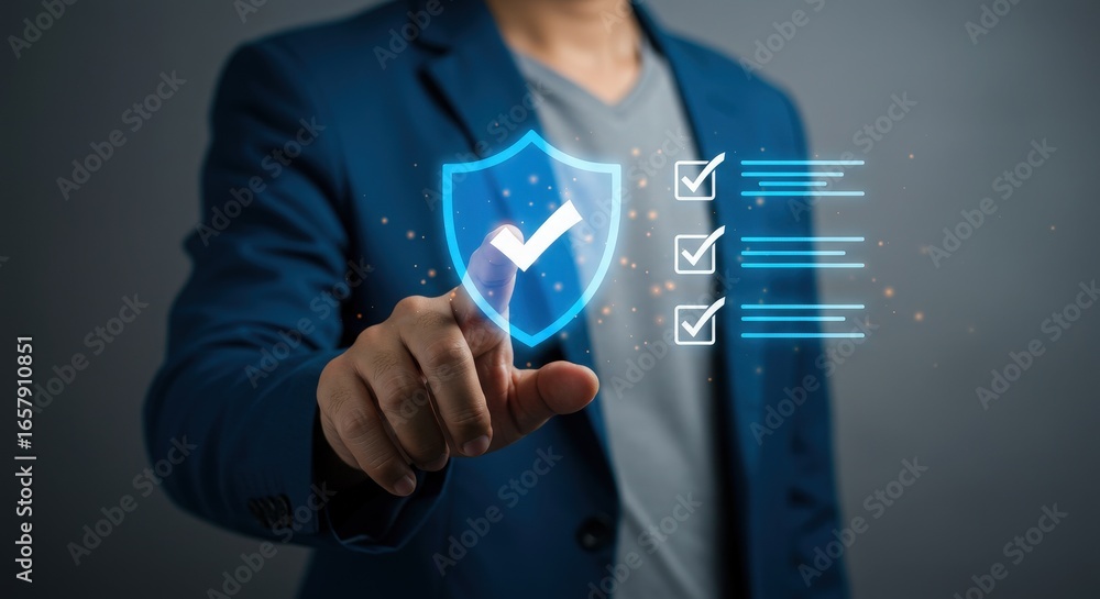 Poster a businessman pointing at a digital shield with a check mark for cybersecurity