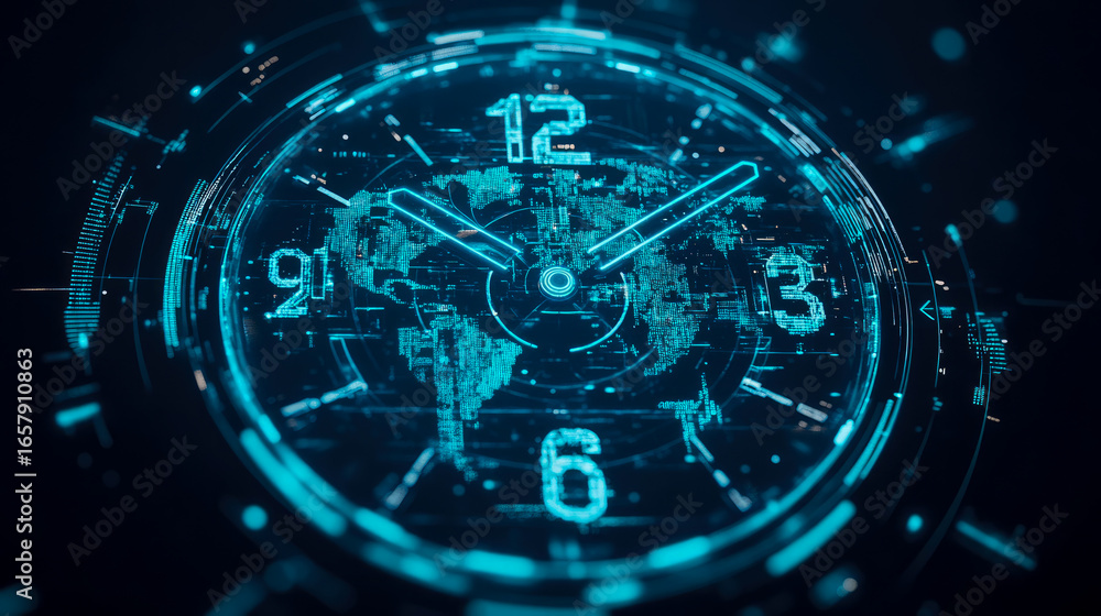 Poster futuristic digital clock with glowing world map and intricate circuit board design, symbolizing glob