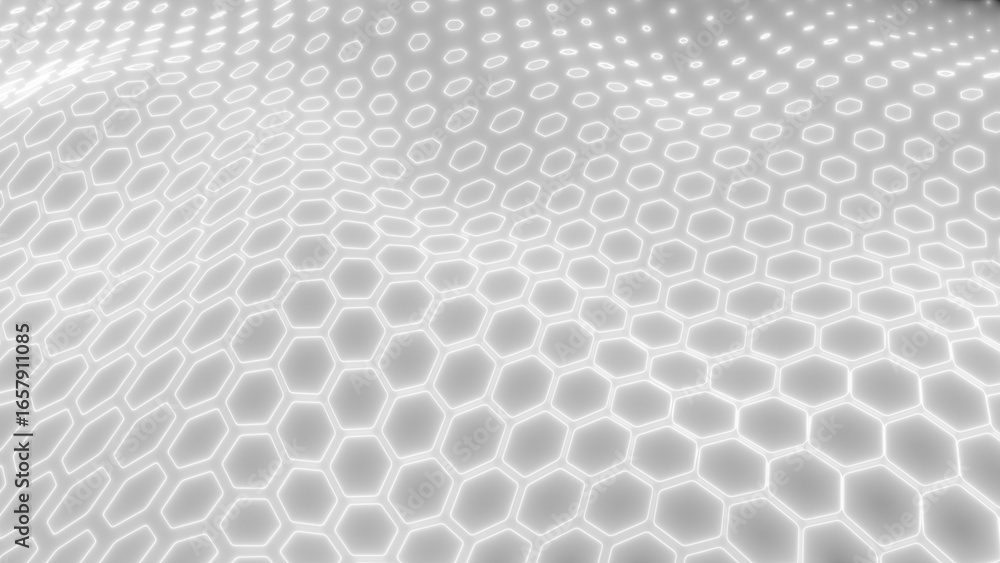 Aufkleber smooth white hexagonal light mesh forming a flowing 3d surface, representing clean modern technology