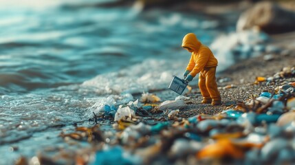 Child in Yellow Jacket Collects Trash on Beach Highlighting Pollution