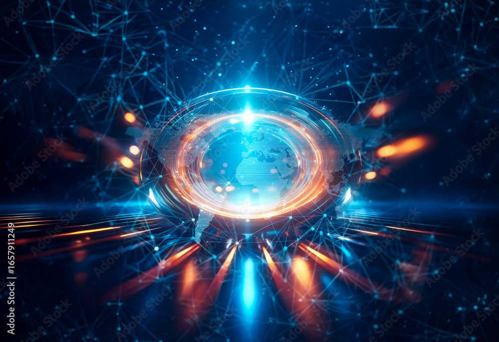 Poster a world map with a blue glow in the center is surrounded by a complex network of connected dots and 