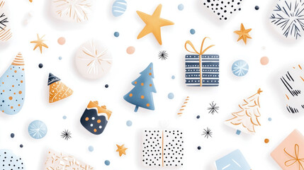 Top-down view of stylish and minimalist holiday season flat lay, featuring whimsical Christmas trees, gift boxes, stars, and dots scattered on pristine white background, perfect for festive designs