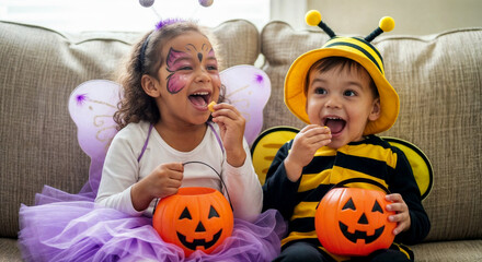 two happy children in butterfly and bumblebee halloween costumes eating candy