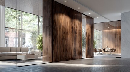 Contemporary modern office with sleek sliding wooden partition wall and minimalist design for a productive workspace