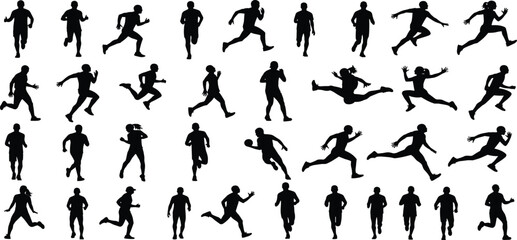 Running silhouettes grid, athletic motion vector, dynamic human poses, sports movement illustration, jump and sprint graphic, black figure set