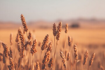 Fototapeta premium Golden wheat stalks in a field at sunset