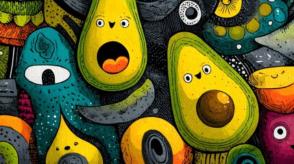 Vibrant and Playful Avocado Clipart with Whimsical Watercolor and Digital Doodle Design in a High-Quality Modern Illustration