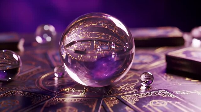 Crystal Ball Above Tarot Cards with a Soft Glow on a Purple Backdrop For an Esoteric Mystery and Fortune Telling Still
