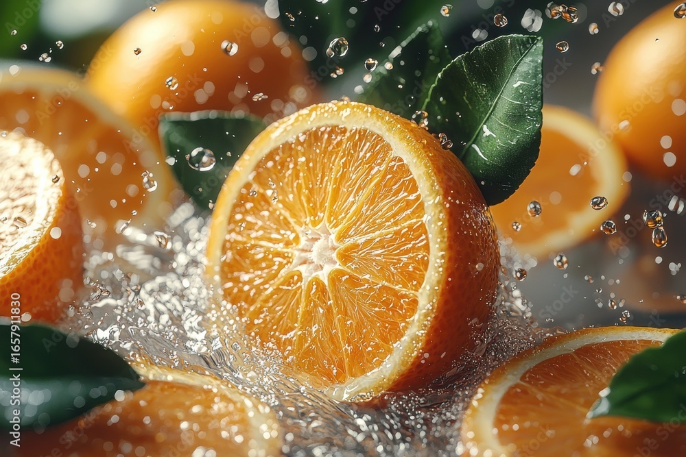 Poster sliced oranges splashing in water with green leaves in a vivid display