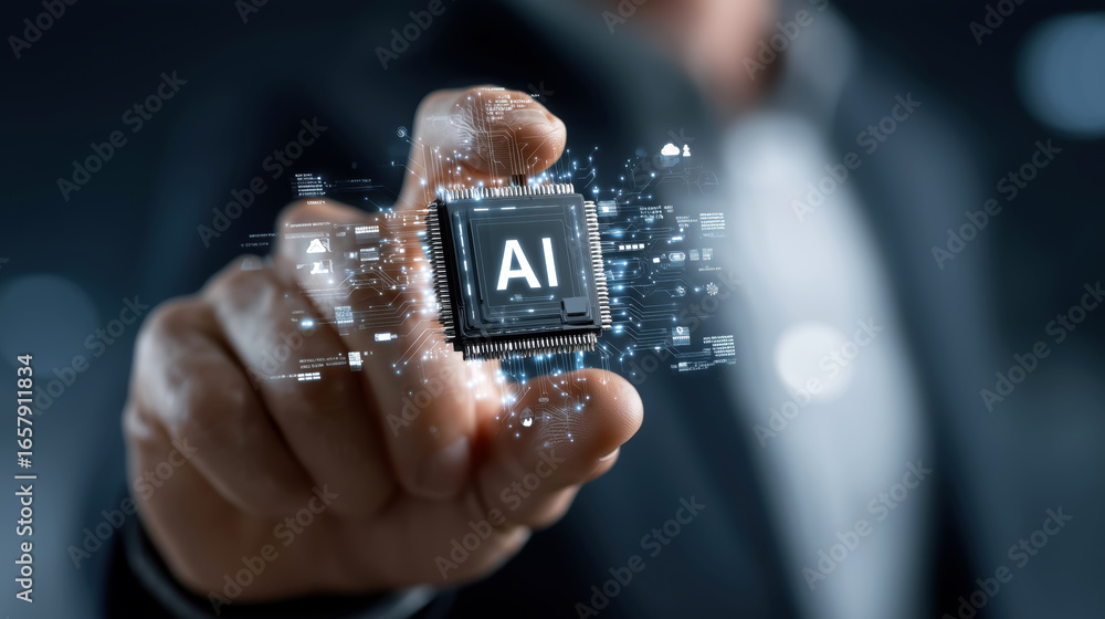 Poster futuristic technology concept with ai chip and digital display in a business environment