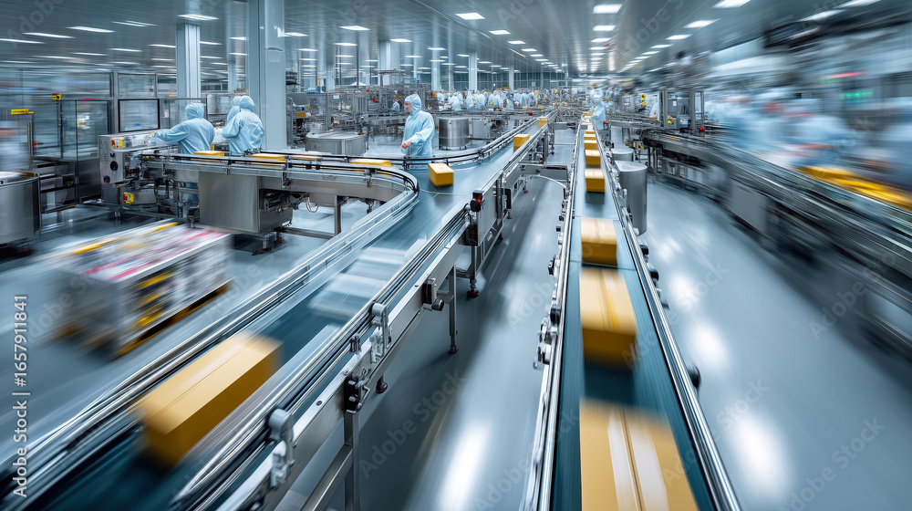 Poster efficient automated production line with workers handling packages in modern manufacturing facility