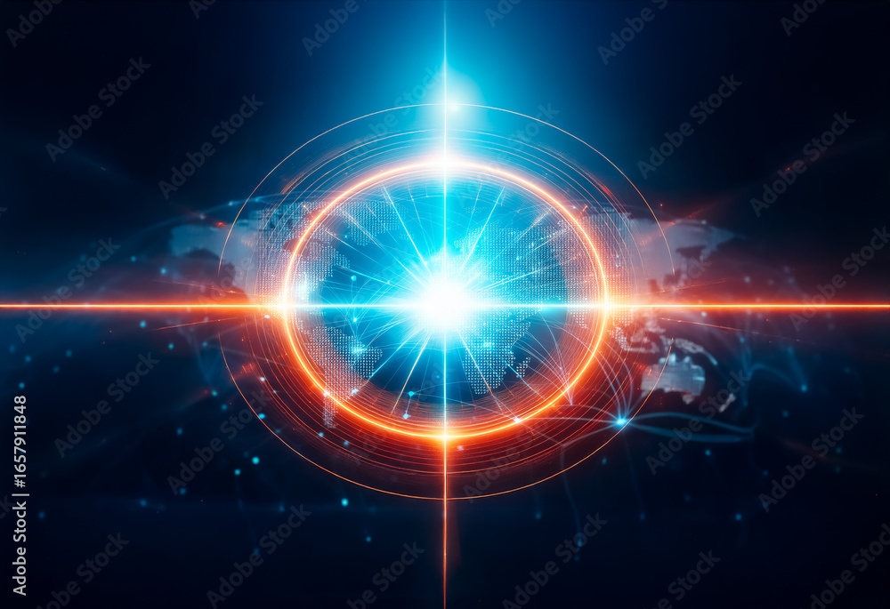 Poster a glowing world map with interconnected lines symbolizing global connectivity.