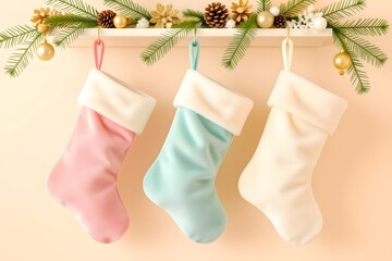 Three Pastel Christmas Stockings Hanging on a Shelf