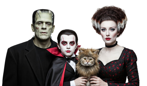 a family halloween portrait with costumes of frankenstein and his bride and a cat