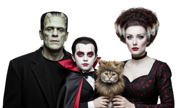 a family halloween portrait with costumes of frankenstein and his bride and a cat