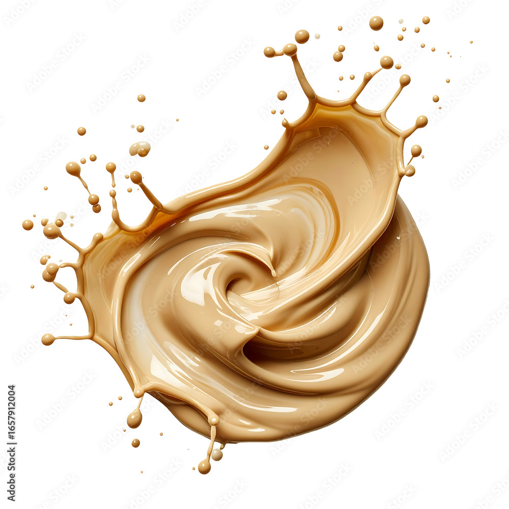 Poster liquid caramel splash swirl with droplets isolated on transparent background