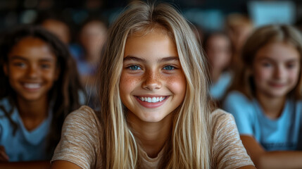 Fototapeta premium Bright-eyed blonde girl with freckles smiles confidently in foreground, surrounded by diverse, happy classmates in warmly lit classroom setting
