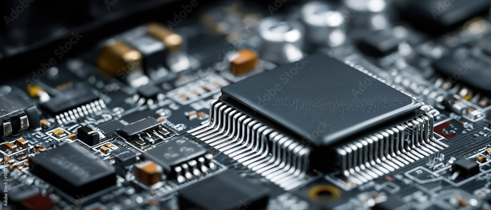 Poster close-up view of a circuit board with microprocessor and electronic components