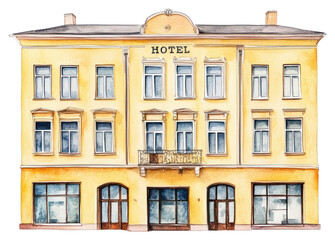 Obraz premium PNG Vintage yellow HOTEL building hotel architecture illustration.