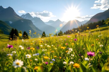 Vibrant Alpine Meadow Under Bright Sunlight and Majestic Mountains