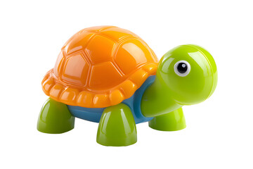 Cute green and orange toy turtle isolated on transparent background