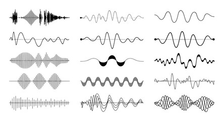 Variety of Black and White Sound Waveforms and Audio Signal Representations music
