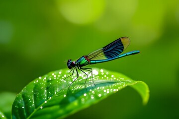 Vibrant Damselfly Perched on Dew-Kissed Green Leaf