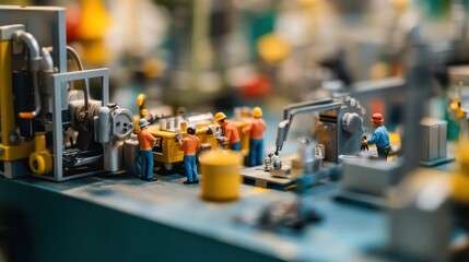 Fototapeta premium Miniature Factory Scene with Workers and Equipment in Bright Colors