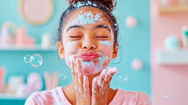 Adorable young girl with closed eyes and kissy face enjoying fun, foamy bubble bath with colorful blue and pink soap, surrounded by floating bubbles in playful bathroom setting.
