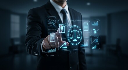 Business Professional Interacting with Advanced Virtual Interface System Featuring Holographic Business Process Visualization