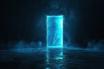 Mystical Blue Doorway in Dark Environment with Ethereal Glow