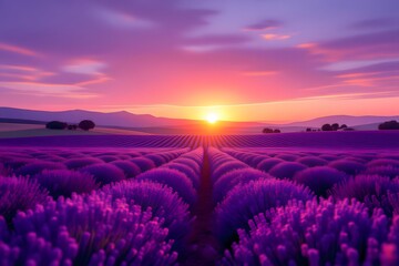 Vibrant Lavender Field at Sunset with Purple Sky