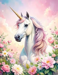 Naklejka premium A beautiful unicorn with a golden horn surrounded by vibrant flowers under a pastel sky, exuding a whimsical and enchanting atmosphere.