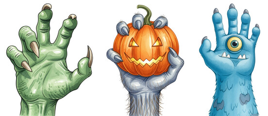 a watercolor illustration bundle of monster hands with a pumpkin