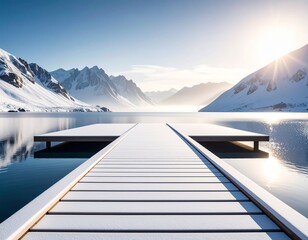 Ośnieżony pomost na jeziorze otoczonym górami. Zimowy krajobraz.