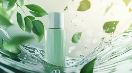 Pure Essence Bottle Surrounded by Water and Green Leaves